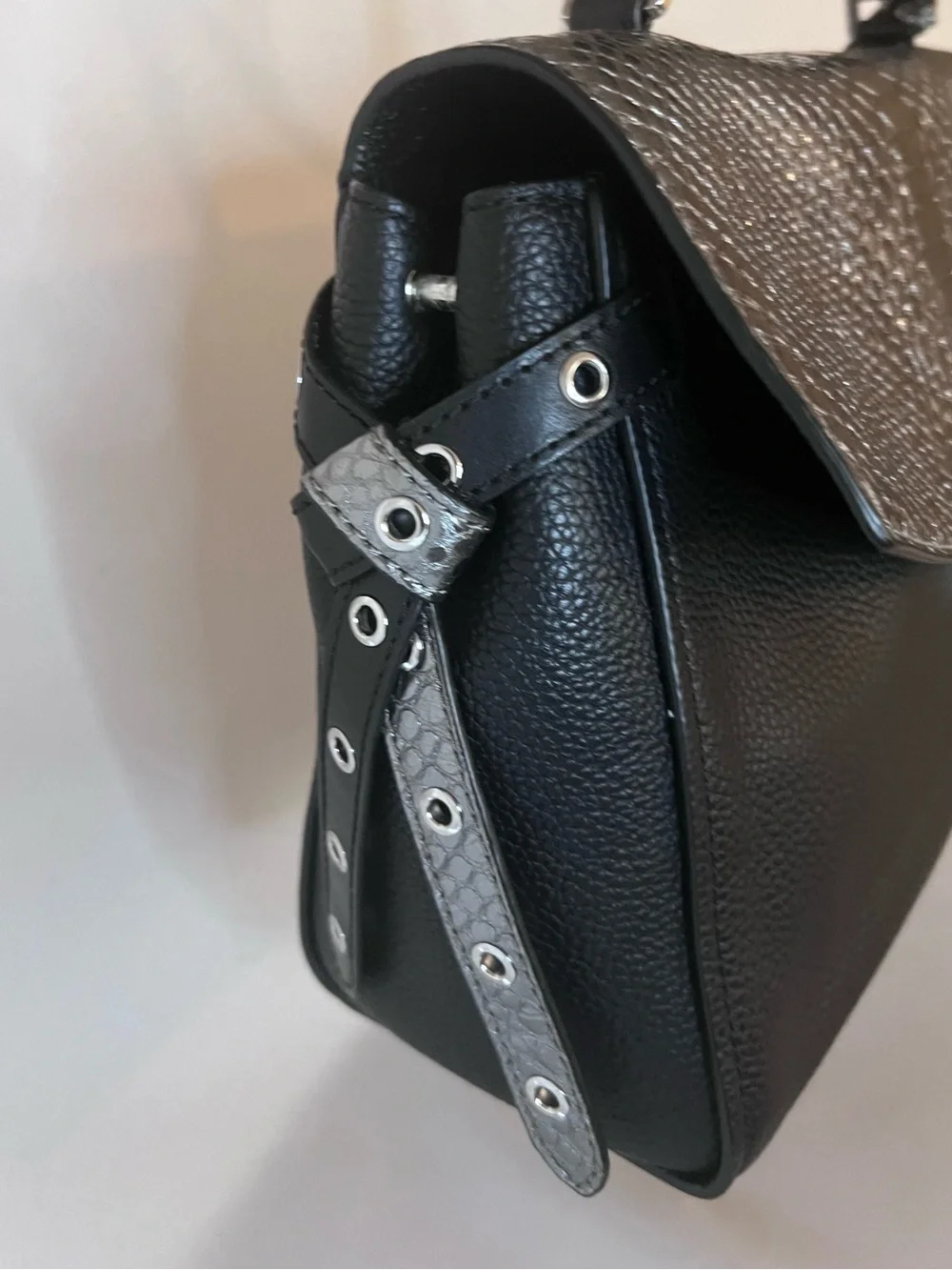 Michael Kors Black & Metallic Silver Snakeskin Embossed Satchel Handbag